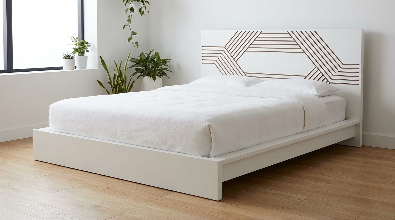 Modern White MDF Bed with Gold Accent Headboard | Custom Luxury Bedroom Furniture – Najmat Al Lail Furniture